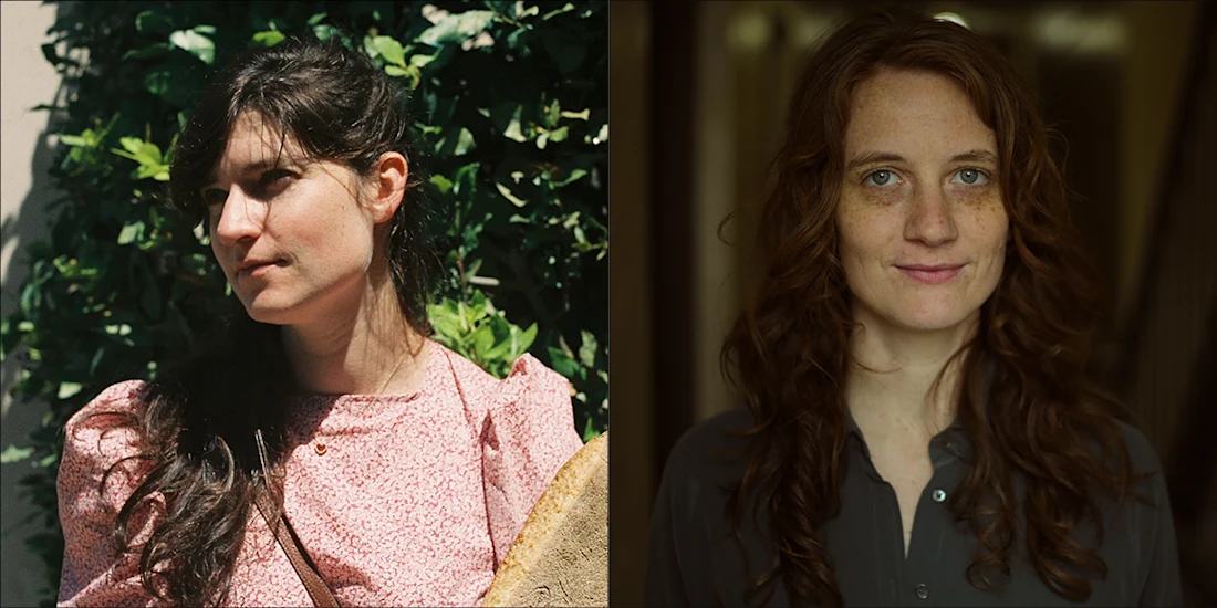 Split image: On the left, a woman with long dark hair stands outdoors in sunlight. On the right, a woman with wavy auburn hair stands indoors, looking at the camera.