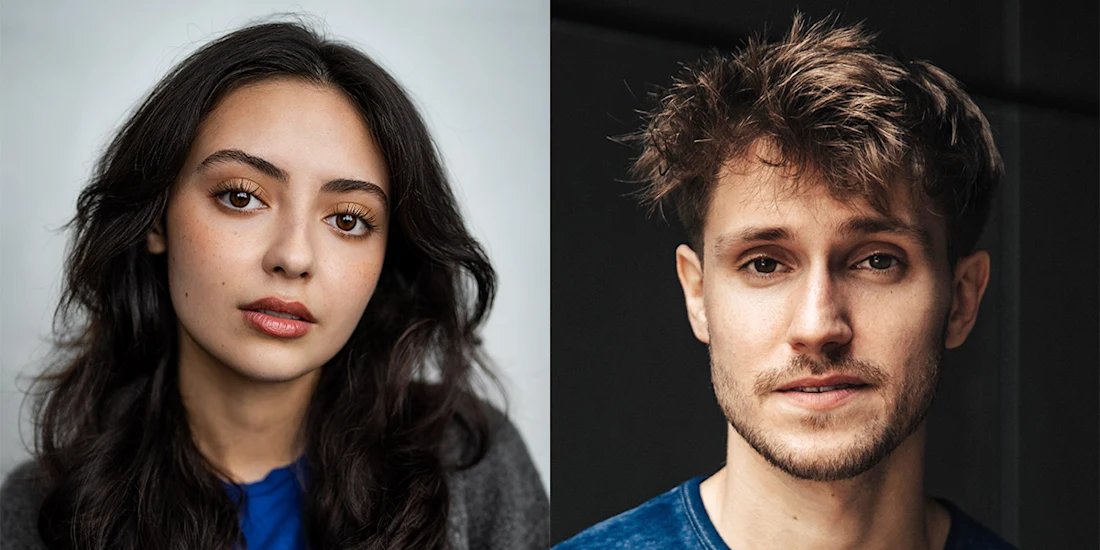 A young woman with long dark hair and a young man with short brown hair are both looking at the camera against neutral backgrounds.