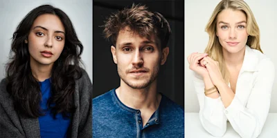 Three people are shown in separate portraits: a woman with dark hair in a blue top, a man with brown hair in a blue shirt, and a woman with blonde hair in a white blouse.