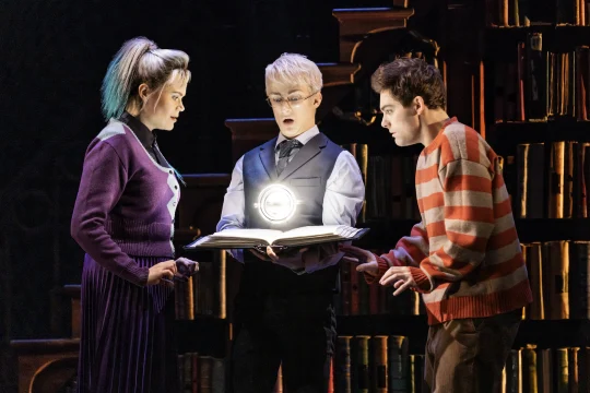 Production shot of Harry Potter and the Cursed Child in New York, with Jane Bruce as Delphi Diggory, Erik Christopher Peterson as Scorpius Malfoy and Joel Meyers as Albus Potter.