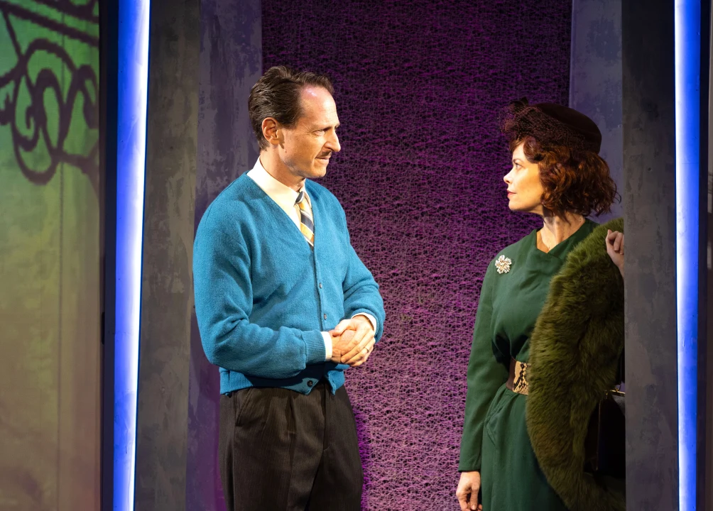 Production shot of CREVASSE in Burbank, with Ann Noble as Lotte Jaeger and Leo Marks as Ernst Jaeger.