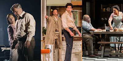 Three scenes from stage plays: two people embrace, two men look intently, and four people interact around a kitchen table in a domestic setting.