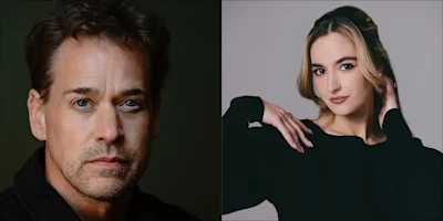 Side-by-side portraits of a middle-aged man with short brown hair and a serious expression, and a young woman with blonde hair posing with her hand near her face.