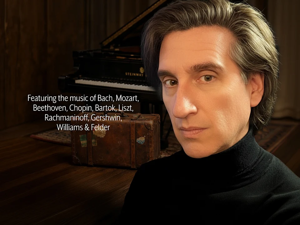 A man with light brown hair wearing a black turtleneck sits in front of a Steinway piano and a suitcase. Text lists classical and modern composers featured in a music program.