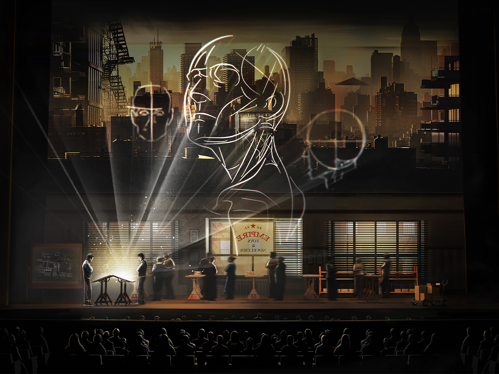 A theater stage shows people working with scientific equipment; a large anatomical head drawing and city skyline are projected on the backdrop as the audience looks on.