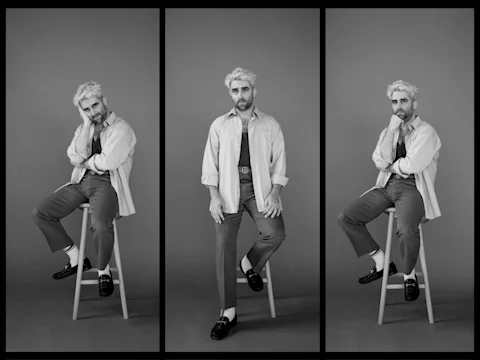 Black-and-white photo collage of Mark Blane in Jason, Medea and the Tragedy at the PS19 Talent Show.