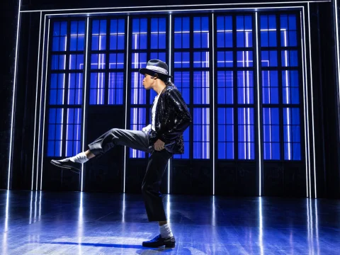 Production shot of MJ The Musical in New York, with Elijah Rhea Johnson as MJ.