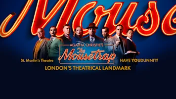 Promotional image for Agatha Christie’s The Mousetrap at St. Martin’s Theatre, featuring a cast of eight actors in period clothing against a blue background with a glowing neon title.