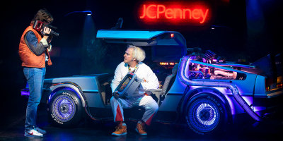 Olly Dobson and Roger Bart in Back to the Future: The Musical (Photo by Sean Ebsworth Barnes)