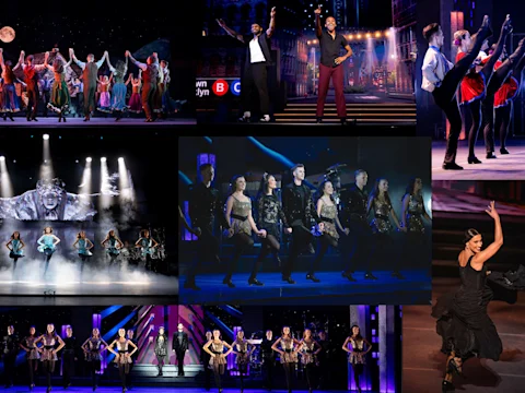 Collage of stage performances featuring dancers in various costumes and styles, including group and solo routines, under dramatic lighting.