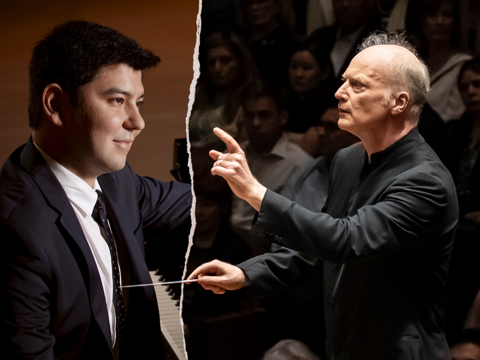 A split image shows a pianist in a suit on the left and a conductor in black directing an orchestra on the right, with an audience blurred in the background.