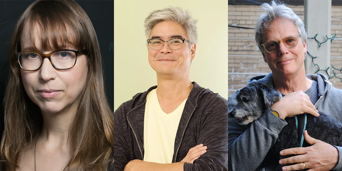 Three adults in separate photos: a woman with straight brown hair and glasses, a man with short gray hair and glasses, and a man with gray hair and glasses holding a black dog.