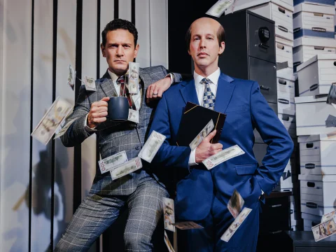 Production shot of Cellino v. Barnes in New York, with Noah Weisberg as Steve Barnes and Eric William Morris as Ross M. Cellino Jr.