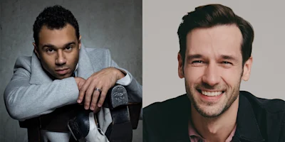 Split image of two men: on the left, a man in a light blazer leans on a chair holding tap shoes; on the right, a man with dark hair and a beard smiles at the camera.