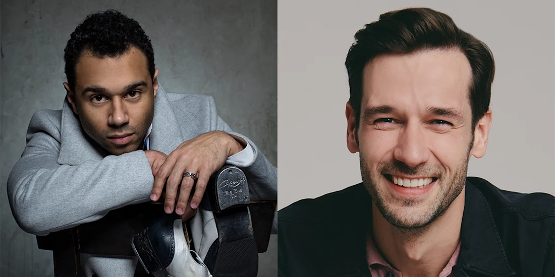 Split image of two men: on the left, a man in a light blazer leans on a chair holding tap shoes; on the right, a man with dark hair and a beard smiles at the camera.