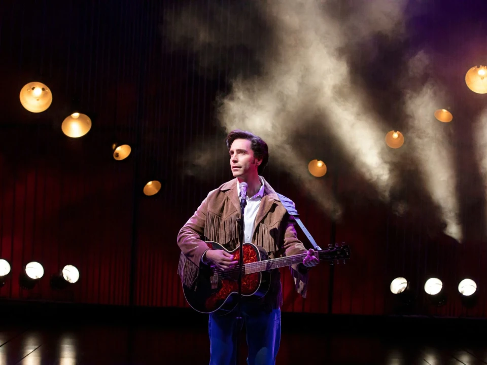 Production shot of A Beautiful Noise in Costa Mesa, with Nick Fradiani as Neil Diamond.