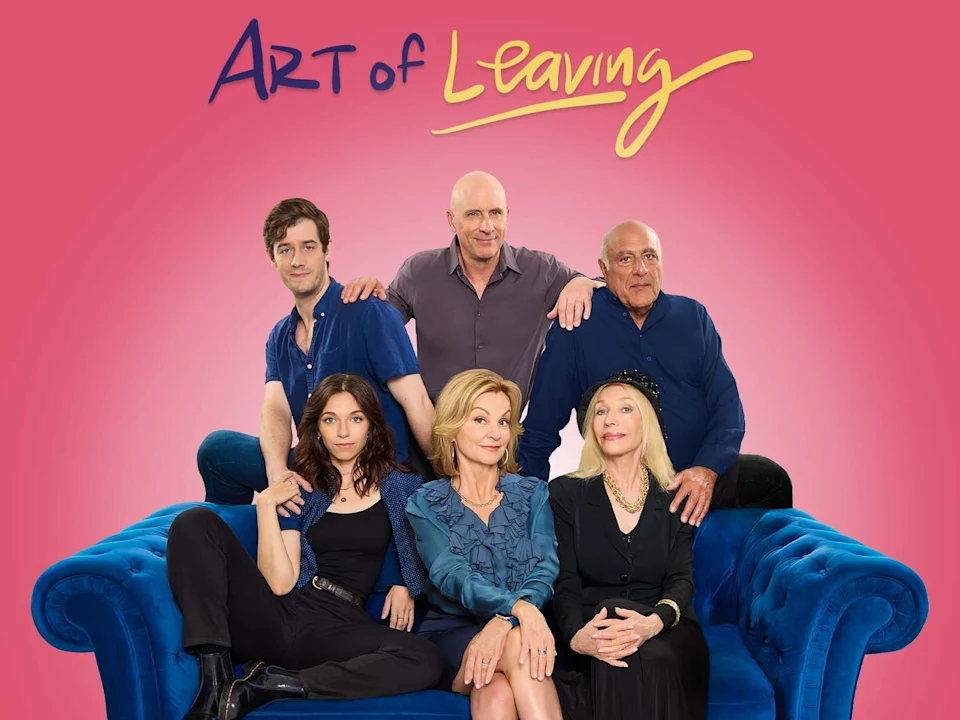 Six adults sit and stand around a blue couch against a pink background, with the text "Art of Leaving" written above them.