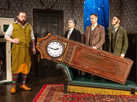 Production shot of The Play that Goes Wrong in San Francisco with the members of an amateur drama troupe.