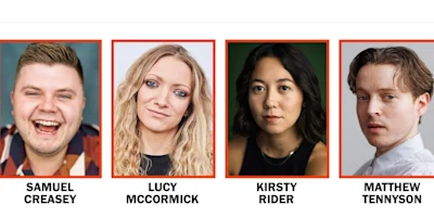 Headshots of actors Samuel Creasey, Lucy McCormick, Kirsty Rider, and Matthew Tennyson, each labeled with their name.
