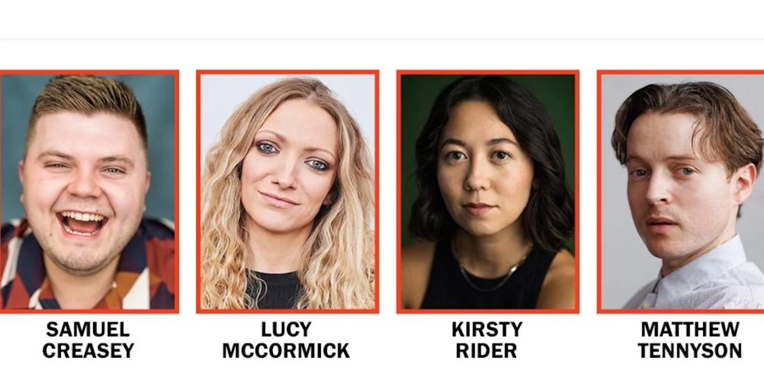 Headshots of actors Samuel Creasey, Lucy McCormick, Kirsty Rider, and Matthew Tennyson, each labeled with their name.