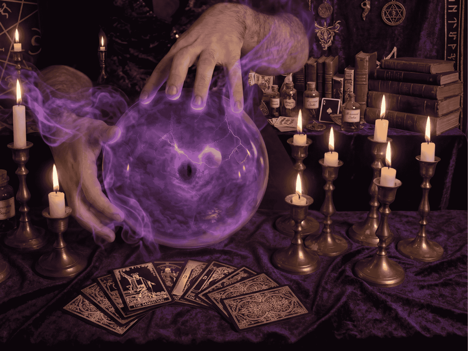 A person’s hands hover over a glowing purple crystal ball surrounded by lit candles, tarot cards, books, and bottles on a dark, mystical table.