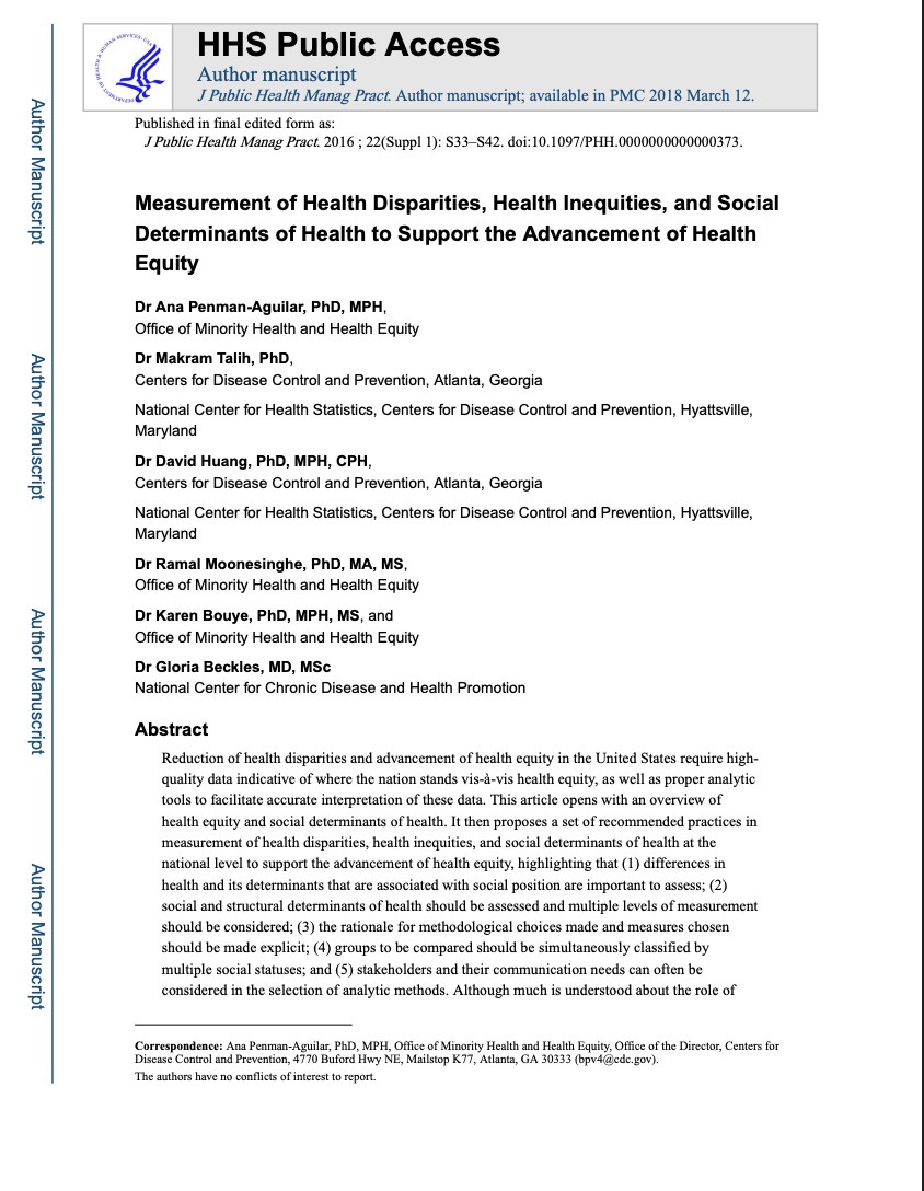 Measurement of Health Disparities, Health Inequities, and Social Determinants of Health to Support the Advancement of Health Equity