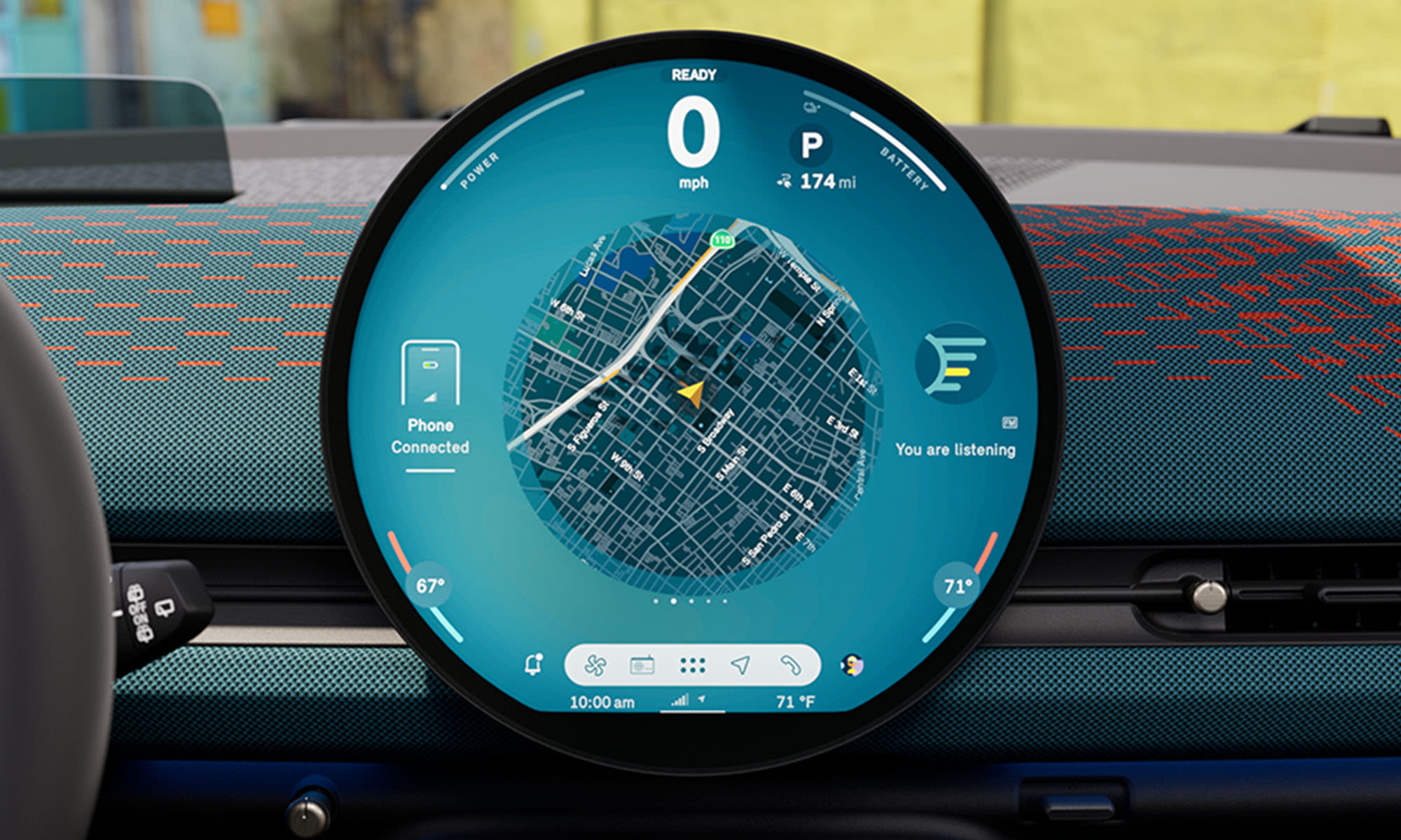MINI circular digital display showing a navigation map and driving information.