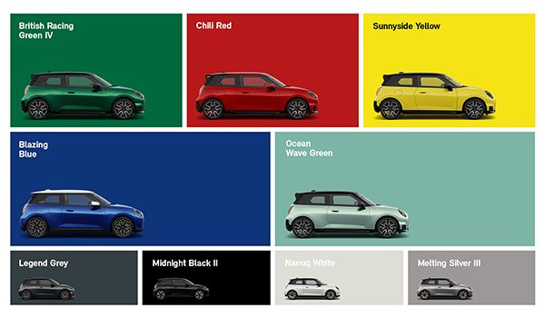 Side view of multiple MINI Cooper with different colour matching the background, illustrating custom paint options.