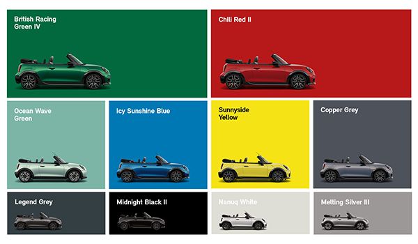 Side view of a MINI Cooper Convertible with multiple colours matching the background, which illustrate personalisation paint options.