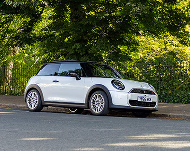 White MINI Cooper parked on a quiet roadside beside a leafy park, surrounded by trees in bright daylight.
