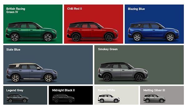 Side view of multiple MINI Countryman highlighting a range of custom colour choices.