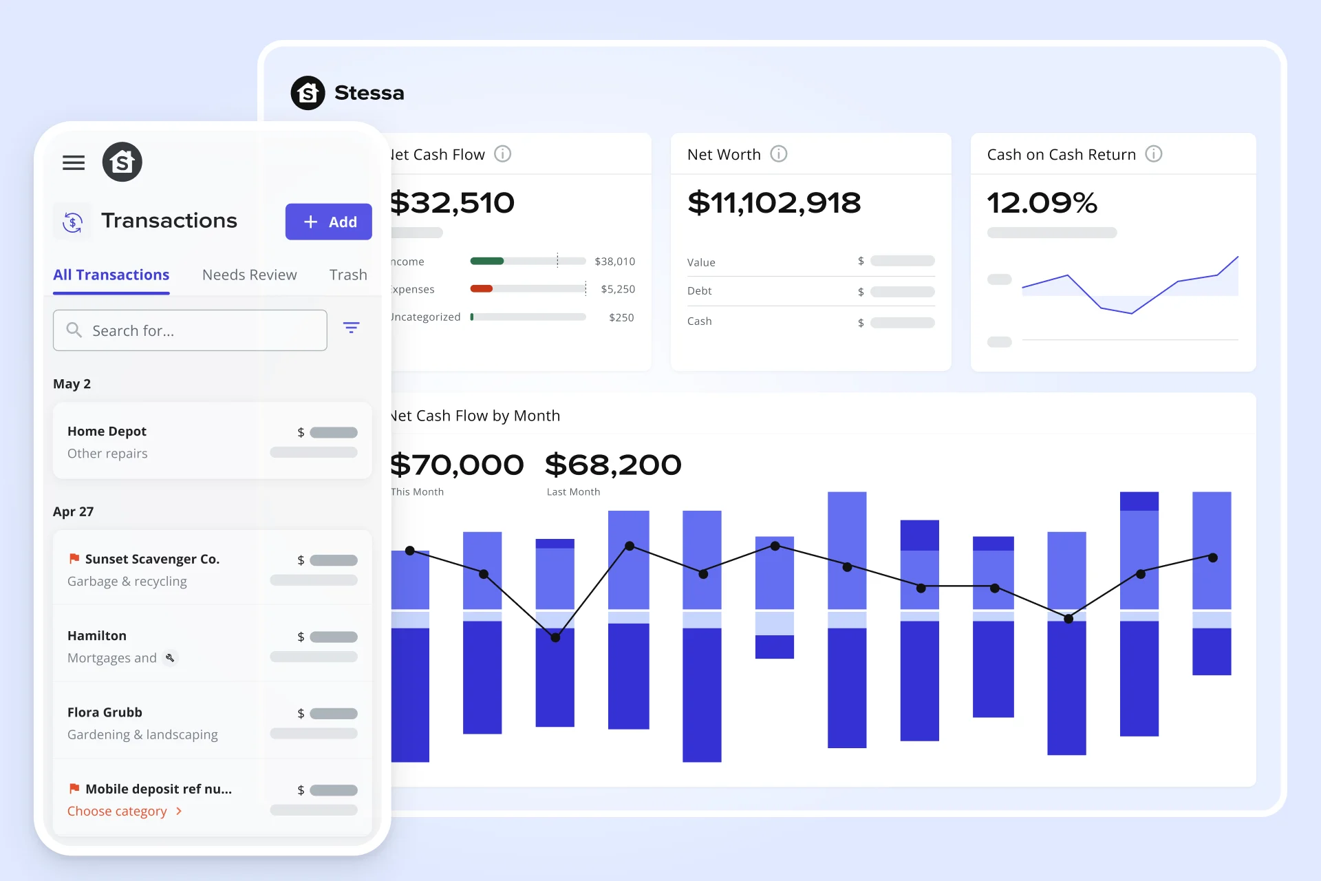 Stessa Dashboard and Transactions screenshots