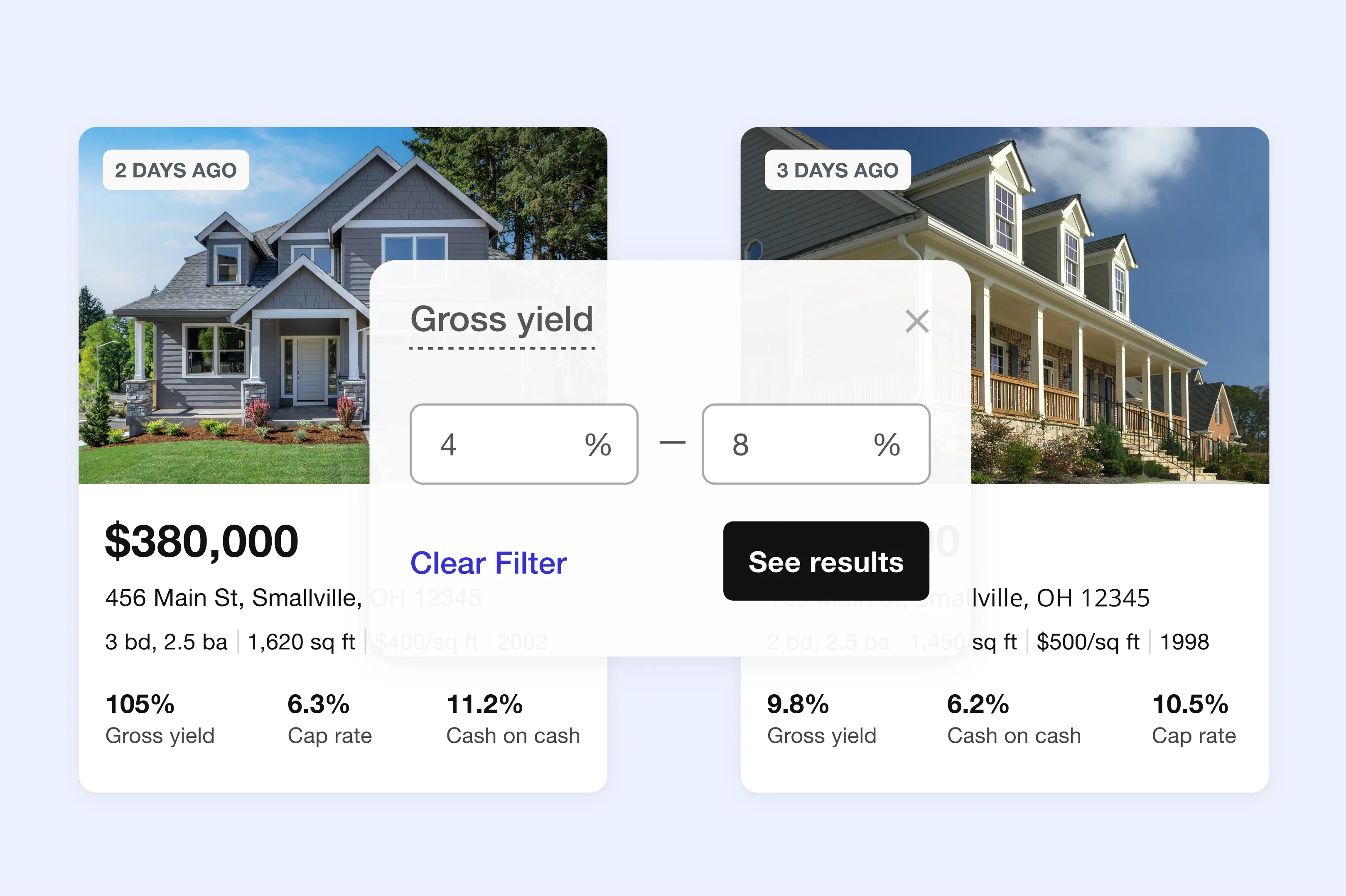 Property listings with gross yield filter