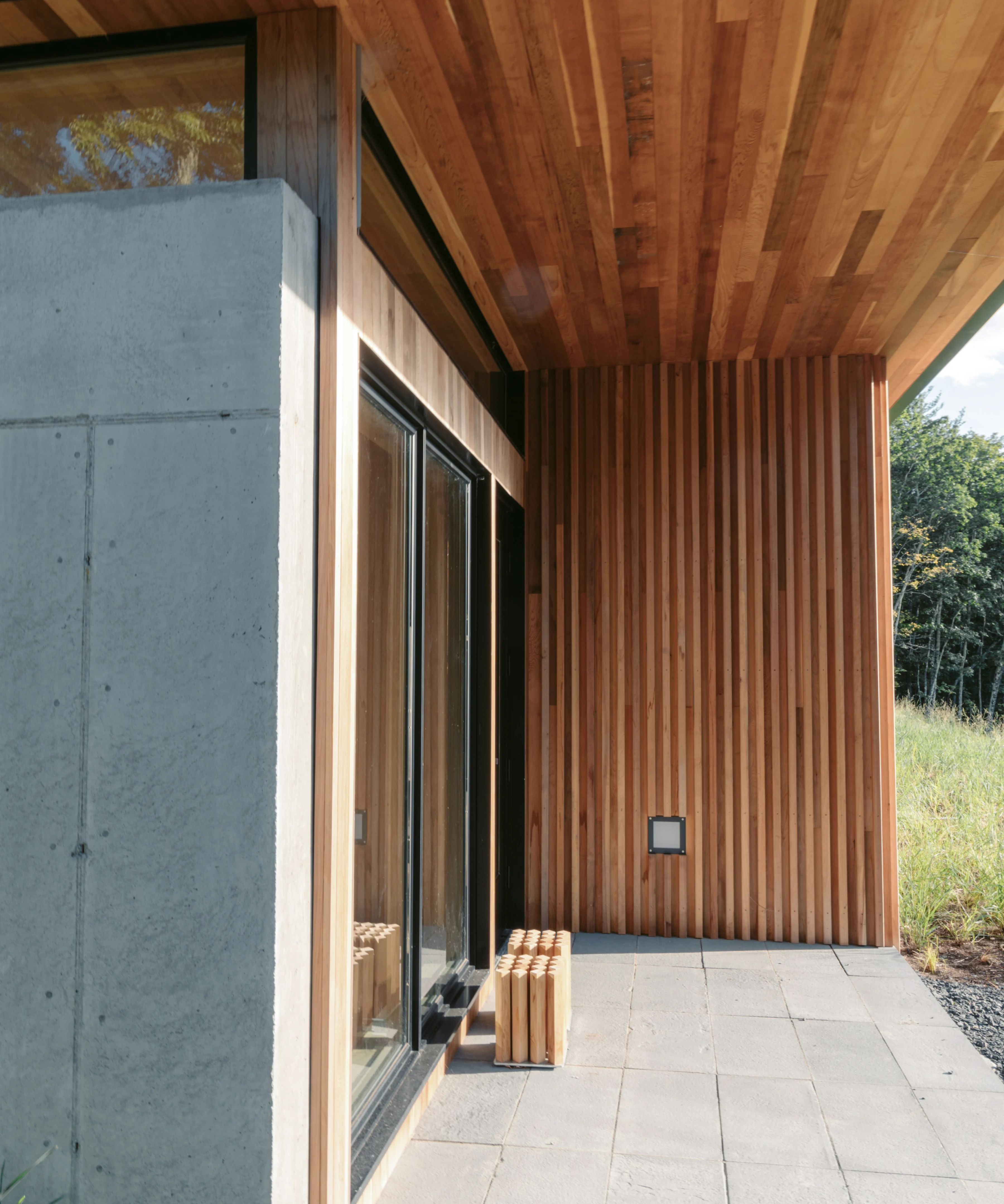 Modern porch with wooden paneling 