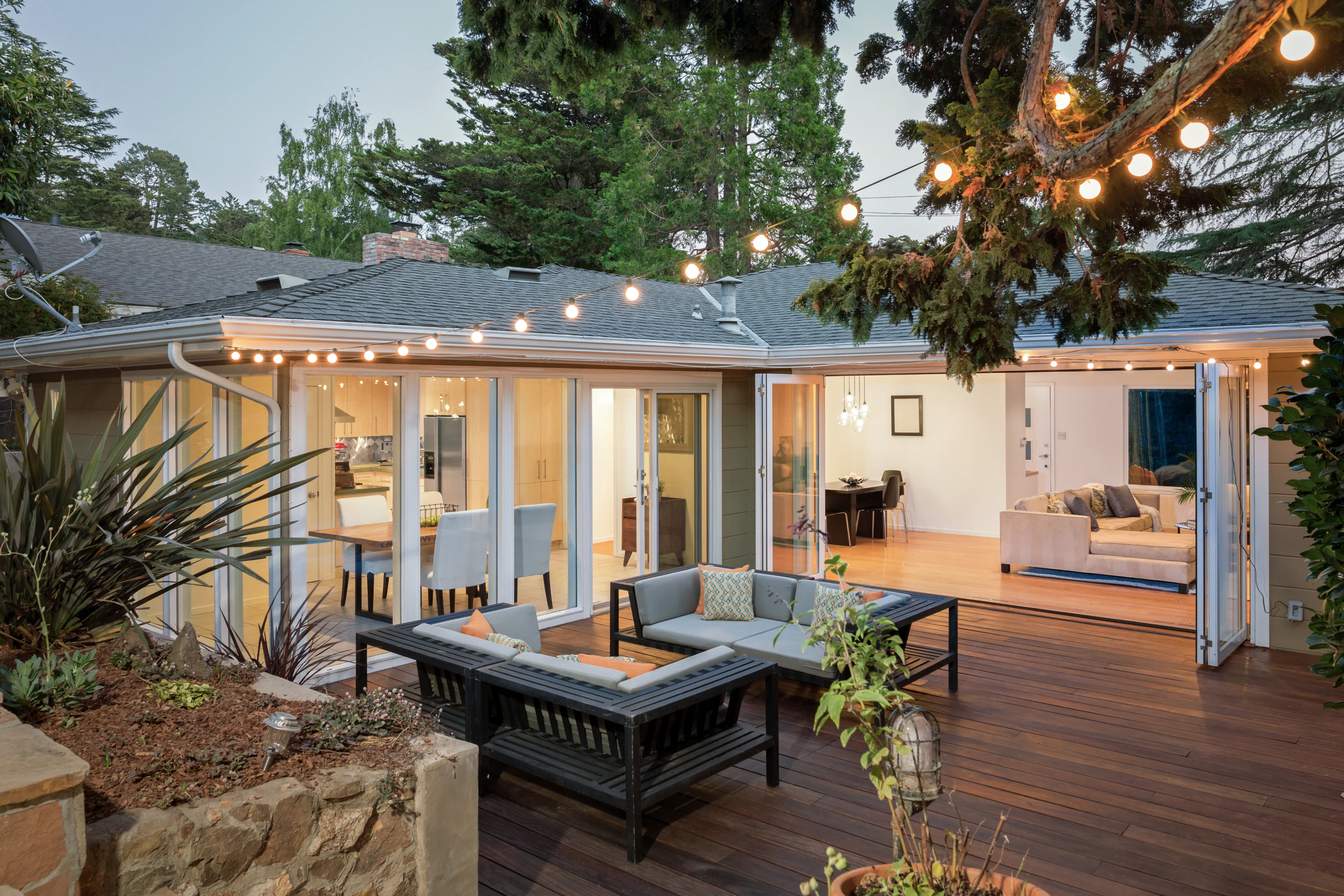 Patio of a home with string lights