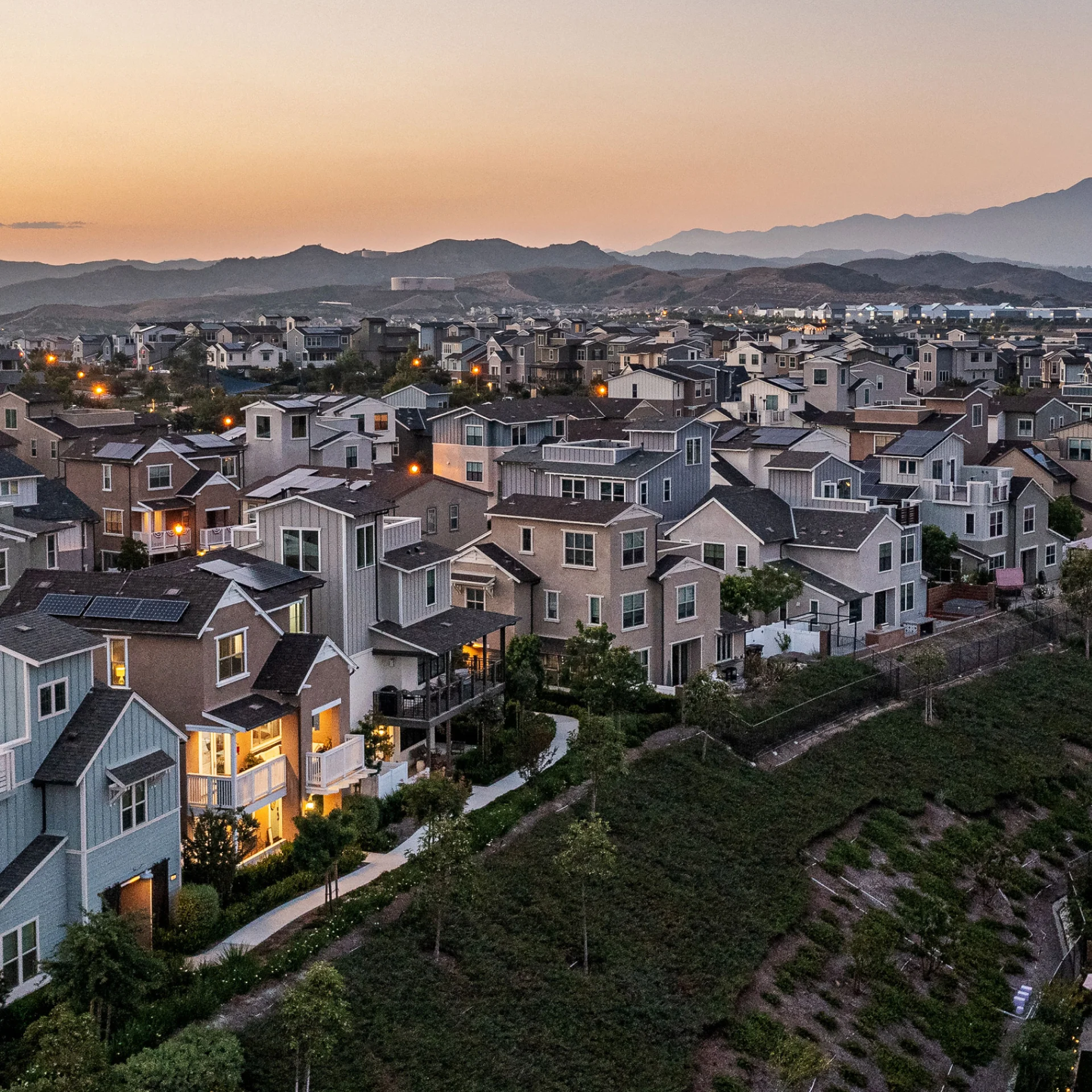 Suburban homes at dusk