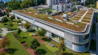 großflächiges Gründach auf einem Firmengebäude und schöner Garten zum Entspannen für Mitarbeiter