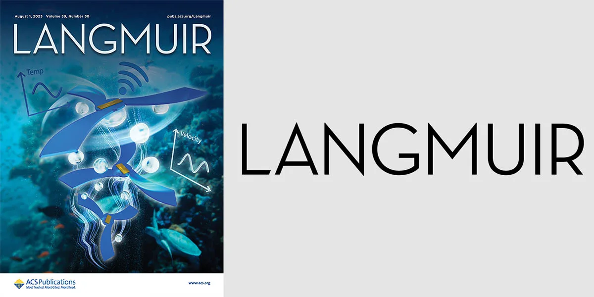 Cover of the Langmuir journal, August 1, 2023 issue, featuring an underwater-themed illustration with propeller-like sensors measuring temperature and velocity.