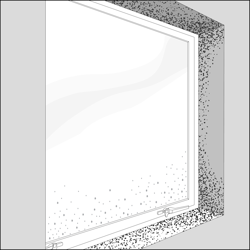 Mould caused by condensation around a window frame appears as small black or dark green patches and spots. Condensation appears as droplets of water on the window or window frame.