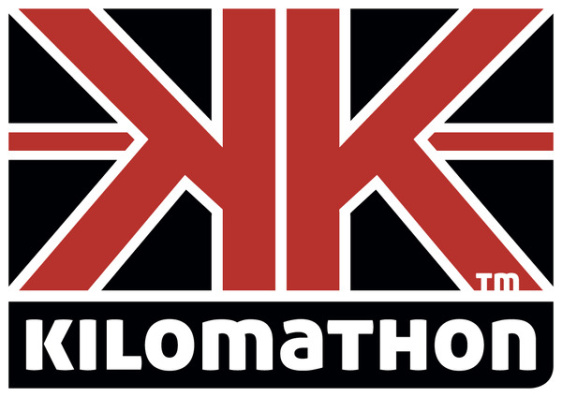 Kilomathon logo, two letter K's in red and white, back to back, making the logo look like a flag