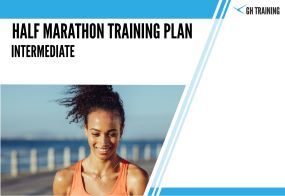 Front page of intermediate half marathon training plan, featuring a woman in an orange vest jogging along a waterfront and smiling.