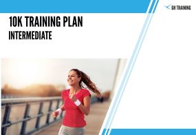 Front page of the intermediate 10k training plan, featuring a woman in a red top running across a bridge and smiling.