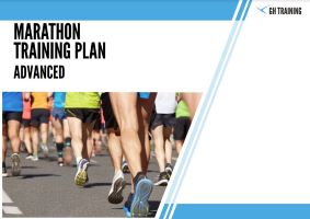 Front page of marathon training plan for experienced runners, featuring a close-up photo of people's legs and running shoes in a road race.