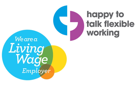 Living Wage Employer logo and Happy to talk flexible working logo.