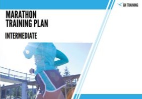 Front page of intermediate marathon training plan, featuring a runner jogging under a bridge in a bright blue top.