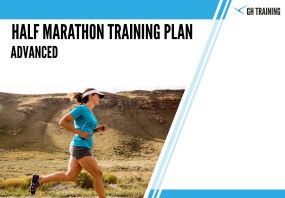 Front page of advanced half marathon training plan, featuring a woman in a blue top running past scenic hillsides.