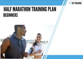 Front page of half marathon training plan for beginners, featuring a man and a woman jogging along a waterfront and smiling.