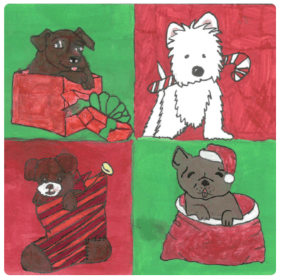 4 hand drawn Christmas-themed dogs on Shelter Scotland's Christmas e card 2023