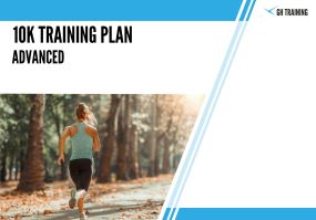 Front page of the advanced 10k training plan. It shows the back of a woman in a blue vest running along a tree-lined path.