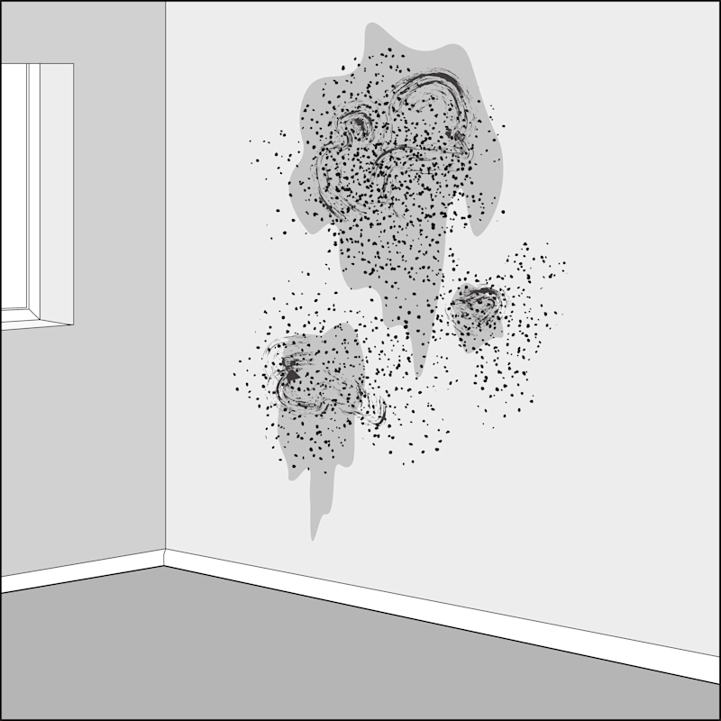 Penetrating damp appears as damp patches on a wall, with black or dark green spots or patches of mould.